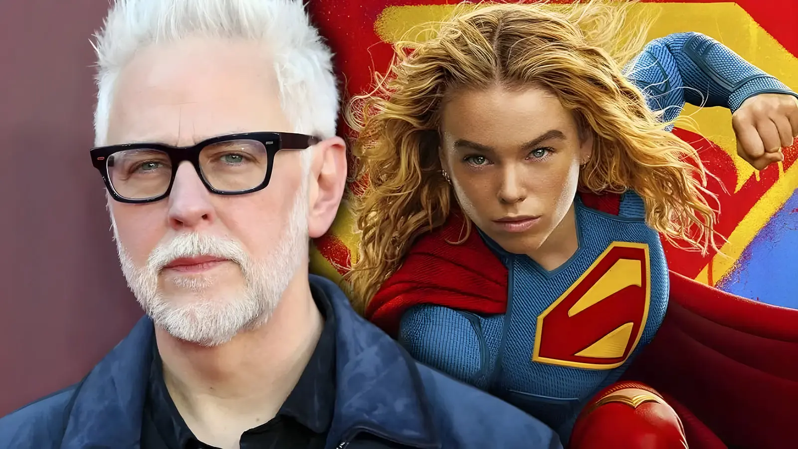 جیمز گان (James Gunn) در کنار تصویر شخصیت سوپرگرل (Supergirl) در دنیای دی‌سی