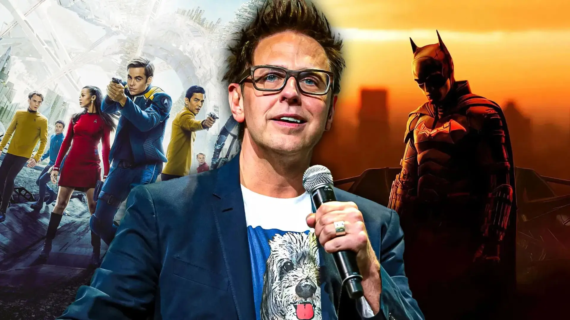 جیمز گان (James Gunn) در کنار شخصیت‌های بتمن و استار تِرک