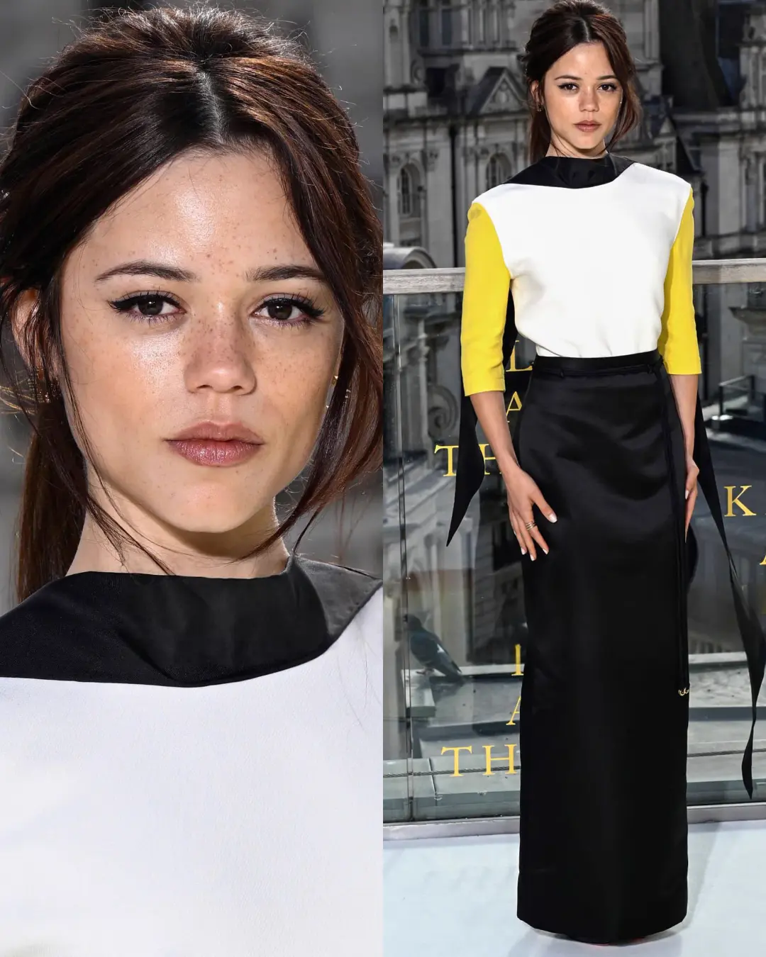 چهره نزدیک جنا اورتگا (Jenna Ortega) با لباس سفید و مشکی