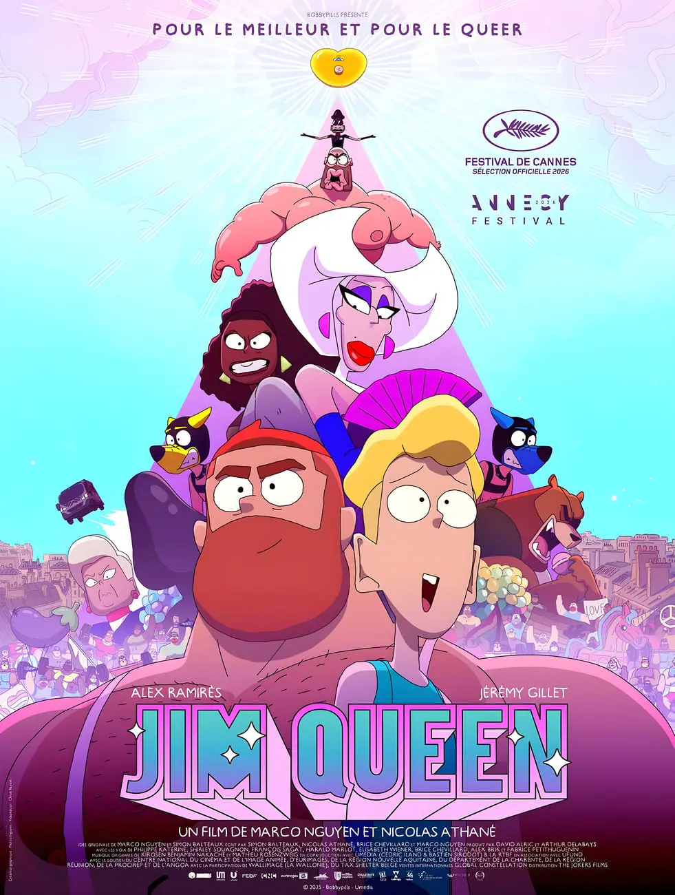 شخصیت‌های انیمیشن جیم کوئین (Jim Queen) در یک طرح گرافیکی رنگارنگ