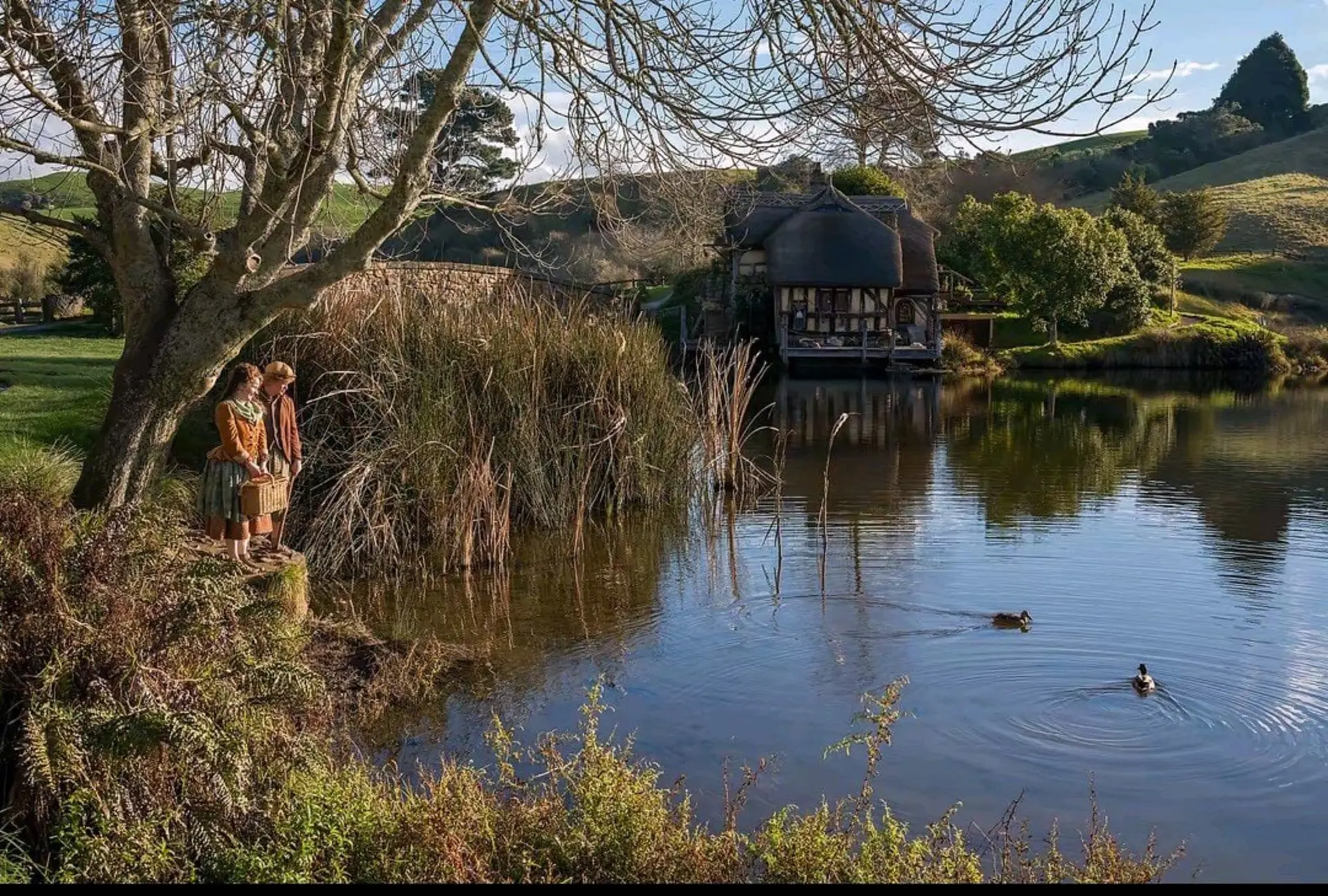 دو شخصیت در کنار دریاچه در محیط روستایی هابیتون (Hobbiton)