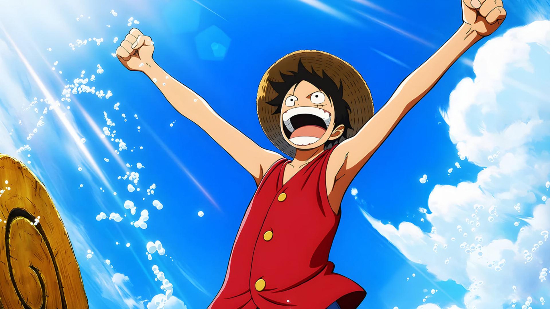 مونکی دی لوفی (Monkey D. Luffy) با دست‌های باز در مقابل آسمان آبی