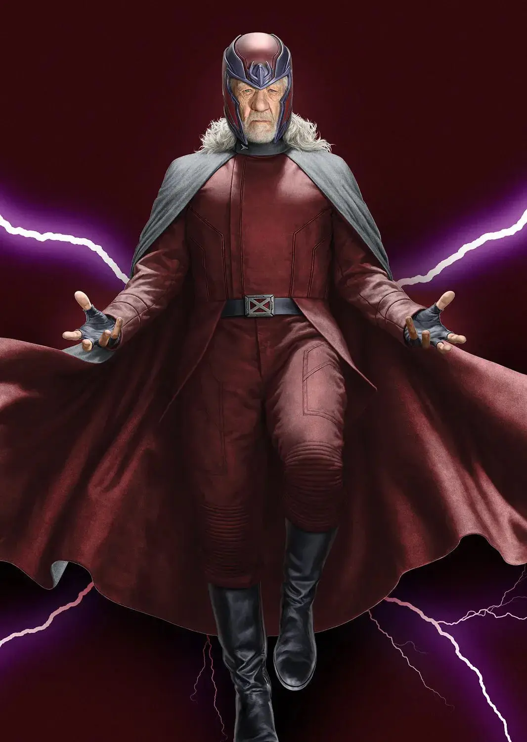 مگنتو (Magneto) با لباس قرمز و شنل خاکستری در میان رعد و برق