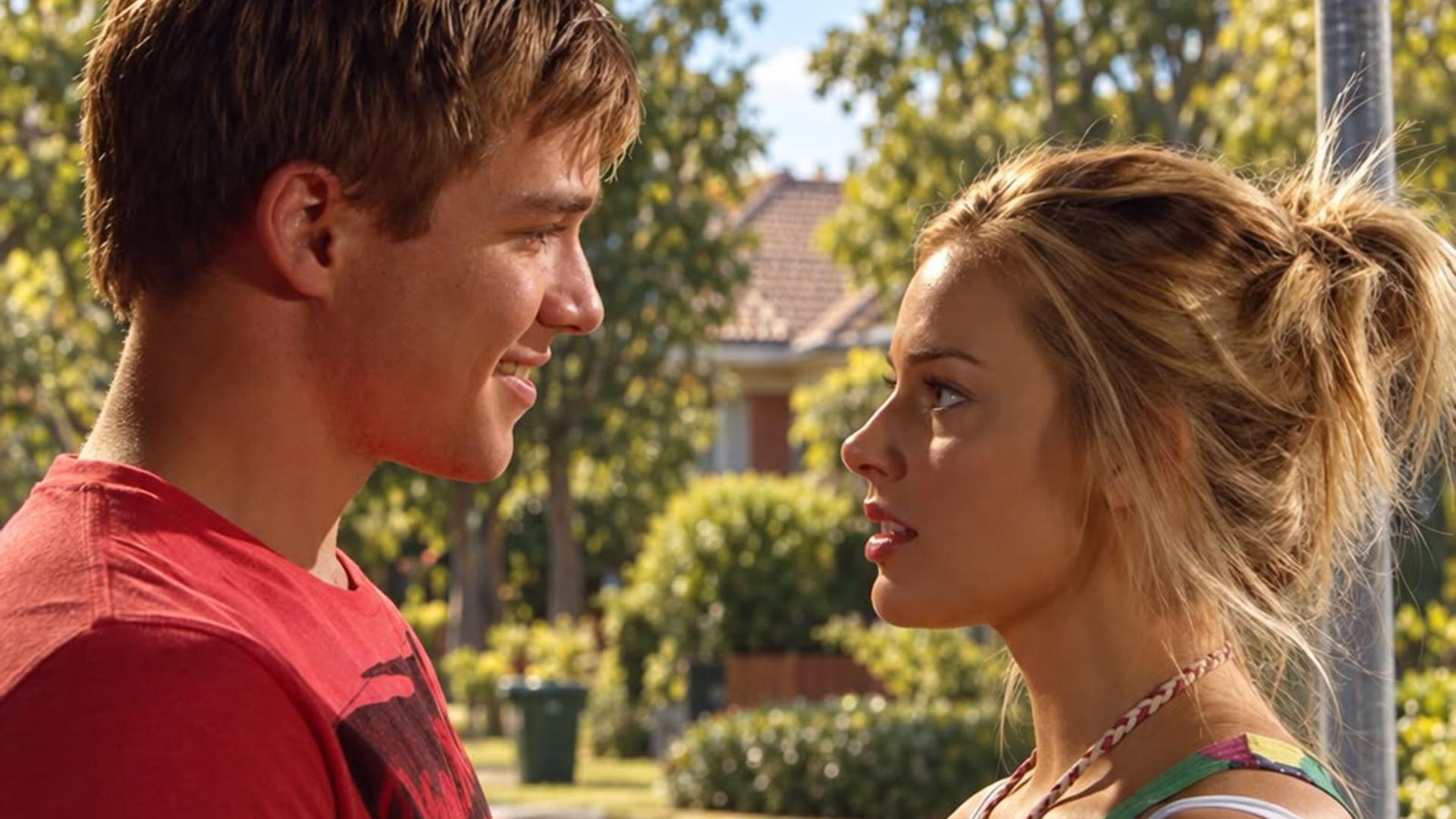 مارگو رابی (Margot Robbie) در حال گفت‌و‌گو با مردی در محیطی باز