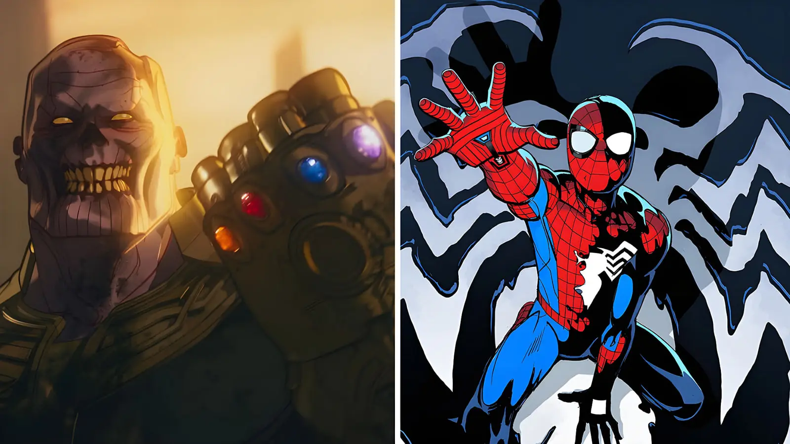 تانوس (Thanos) با دستکش ابدی و مرد عنکبوتی (Spider-Man) در فضای انیمیشنی