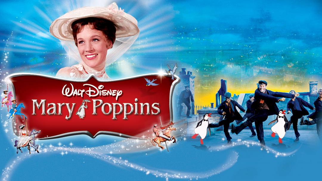 مری پاپینز (Mary Poppins) در کنار شخصیت‌های فیلم در پس‌زمینه شهر