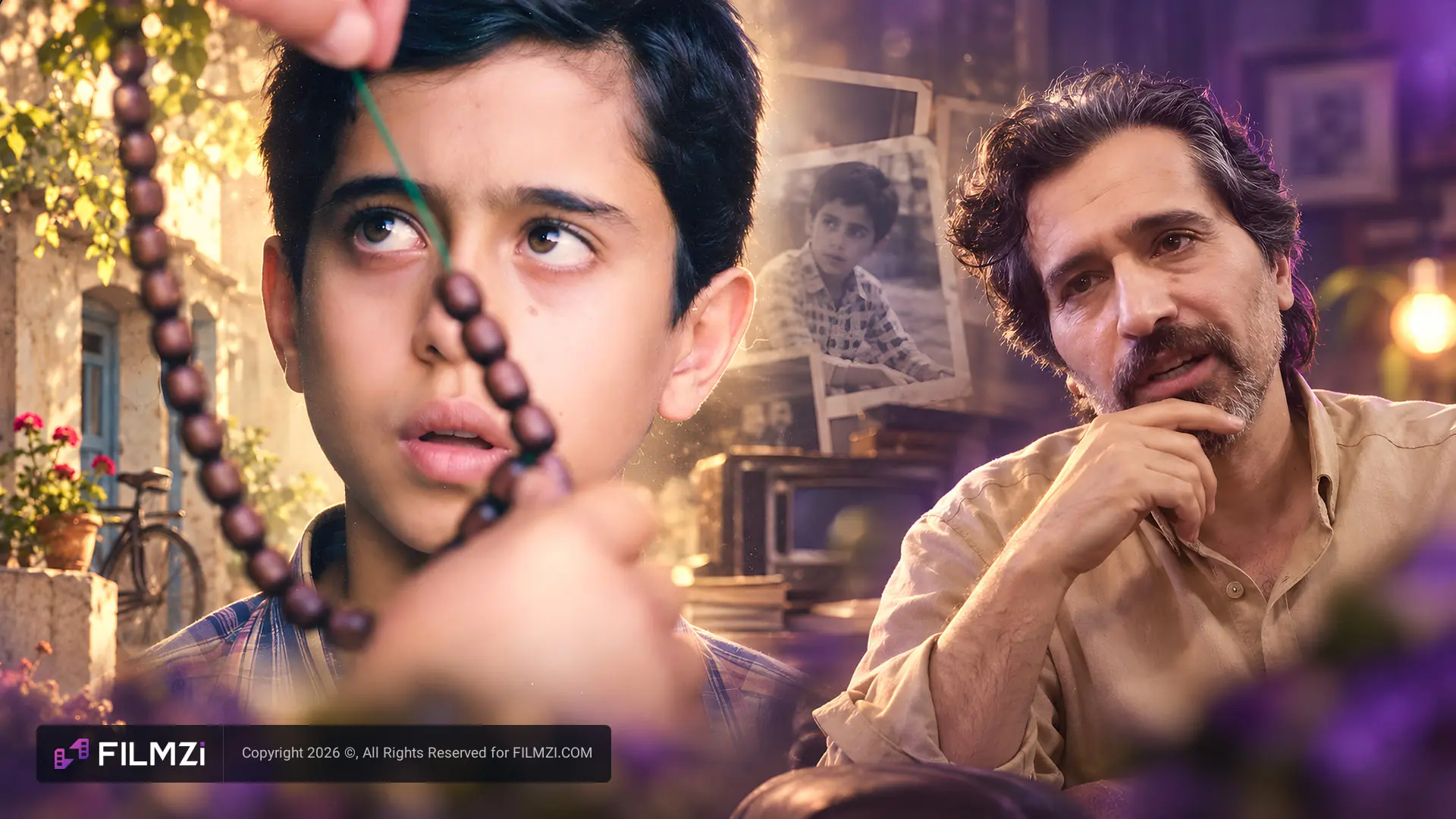 مهدی باقربیگی (Mehdi Bagherbegi) در کنار چهره‌ای از شخصیت مجید در فیلم قصه‌های مجید