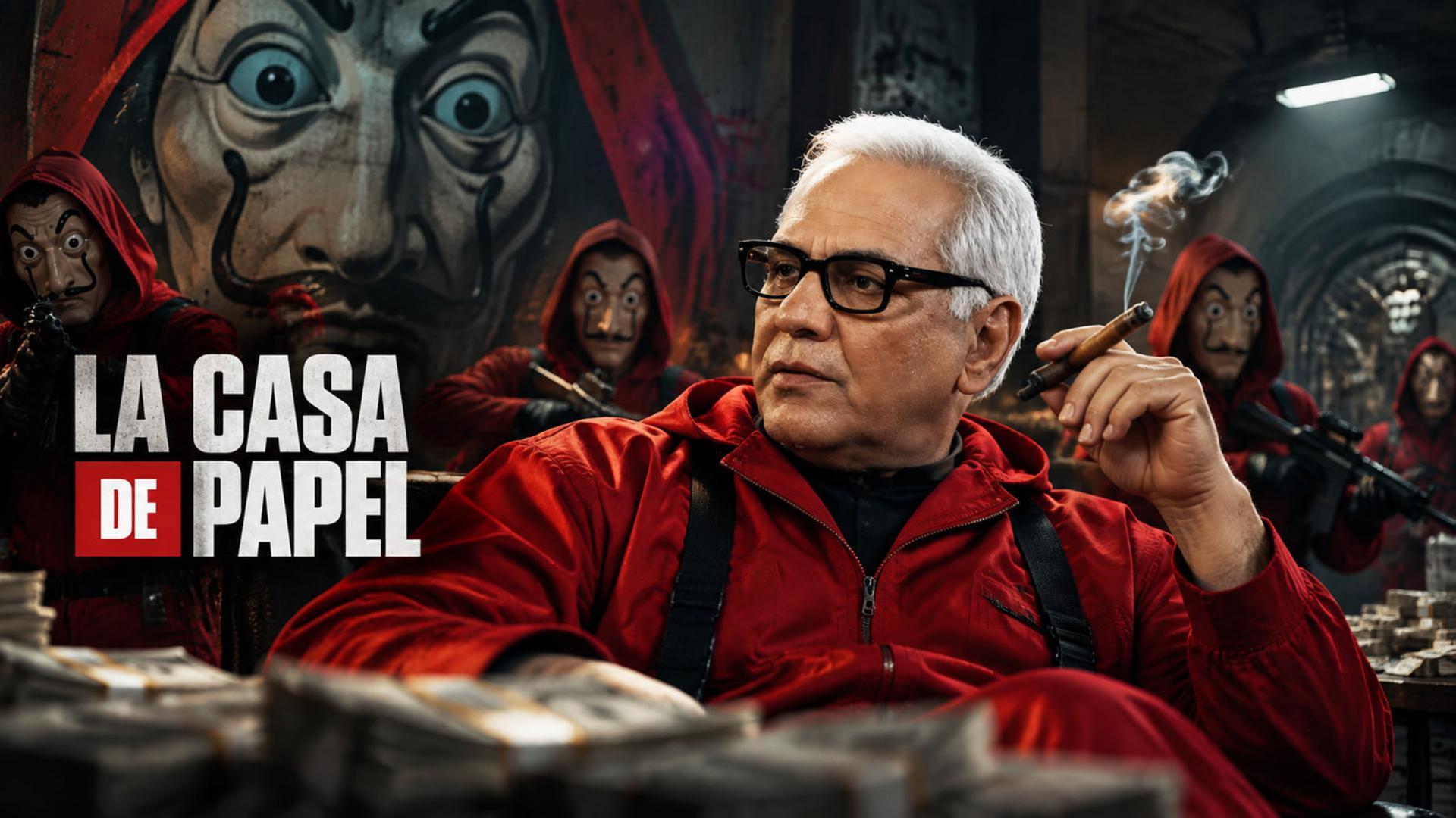 مهران مدیری با لباس قرمز و ماسک سریال سرقت پول (La Casa de Papel)