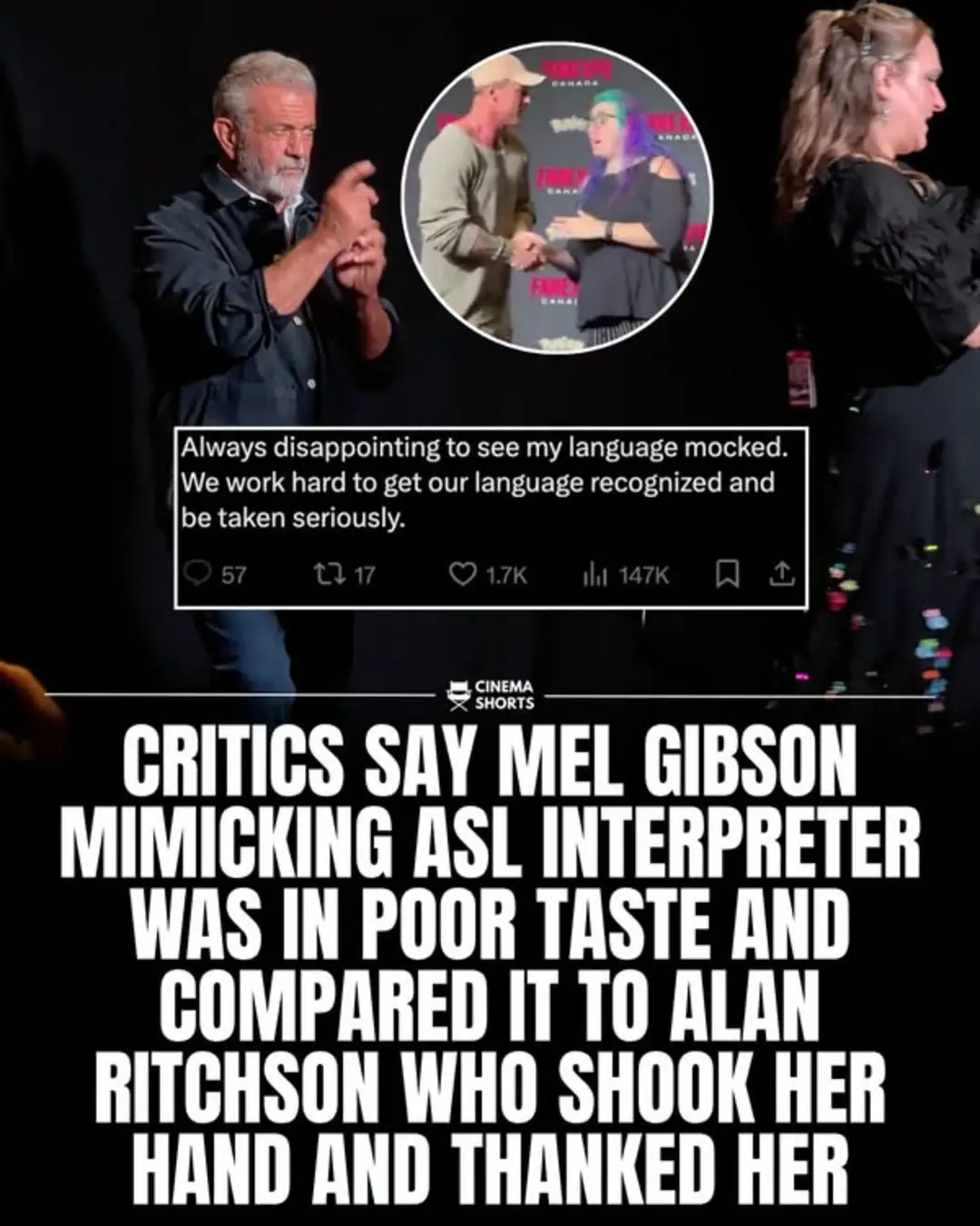 مل گیبسون (Mel Gibson) در حال تقلید حرکات دست مترجم زبان اشاره (ASL)