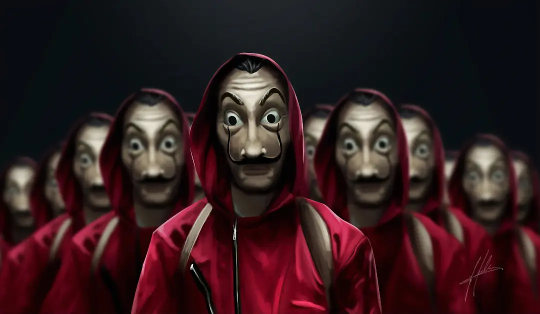 چهره‌های ماسک‌دار شخصیت‌های سریال خانه کاغذی (Money Heist) با لباس‌های قرمز