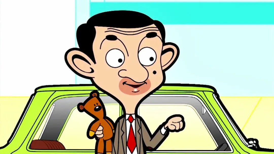 شخصیت کارتونی مستربین (Mr. Bean) در کنار خرس عروسکی خود در خودروی سبز