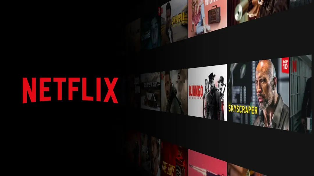 لوگوی قرمز نتفلیکس (Netflix) در کنار پوسترهای متنوع فیلم و سریال