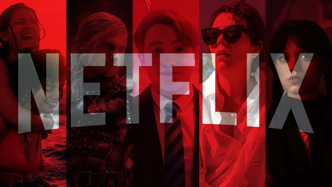 لوگوی نتفلیکس (Netflix) روی چهره‌های مختلف بازیگران سریال‌های این پلتفرم