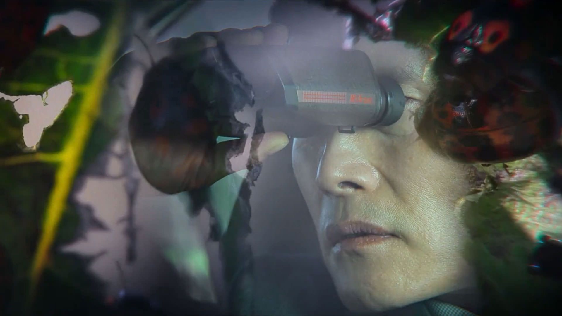 نمایی از لی بیونگ هون که با دوربین شکاری جایی را نگاه می‌کند در نمایی از کفش‌دوزک‌ها که برگی را می‌خورند ادغام شده است در نمایی از فیلم چاره‌ای نیست به کارگردانی پارک چان ووک