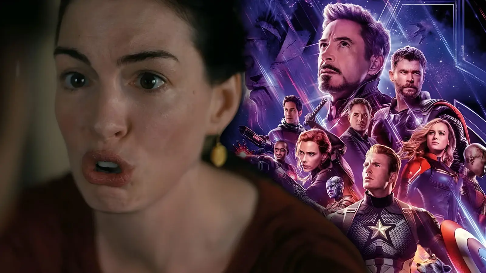 چهره تعجب‌زده آن هاتاوی (Anne Hathaway) در کنار پوستر فیلم انتقام‌جویان (The Avengers)