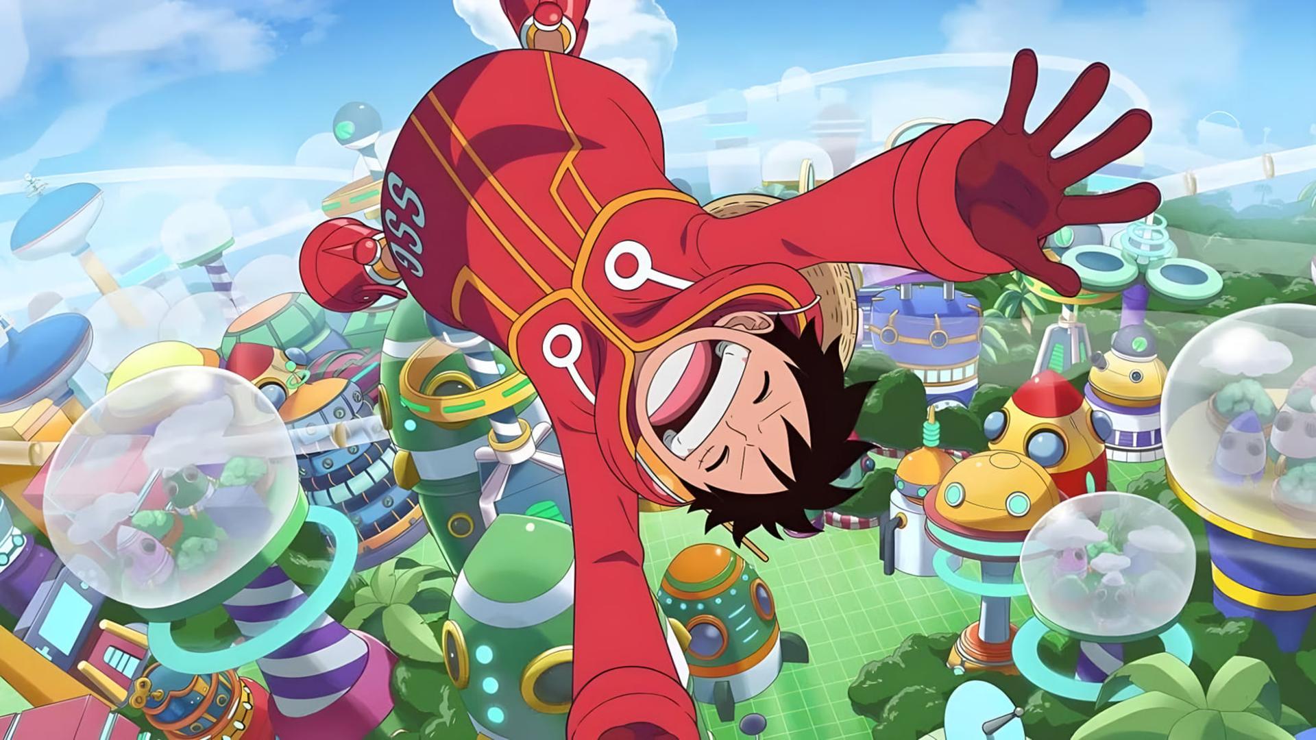 شخصیت لوفی (Luffy) در انیمه وان پیس (One Piece) با پس‌زمینه شهر آینده‌نگرانه