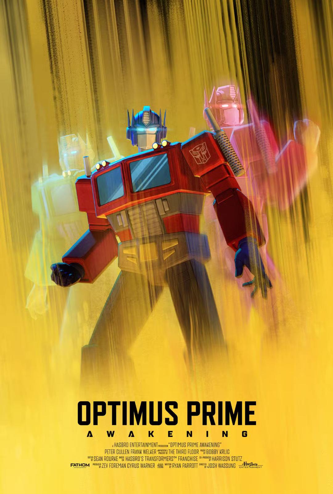 ربات آپتیموس پرایم (Optimus Prime) در مرکز پوستر با پس‌زمینه زرد