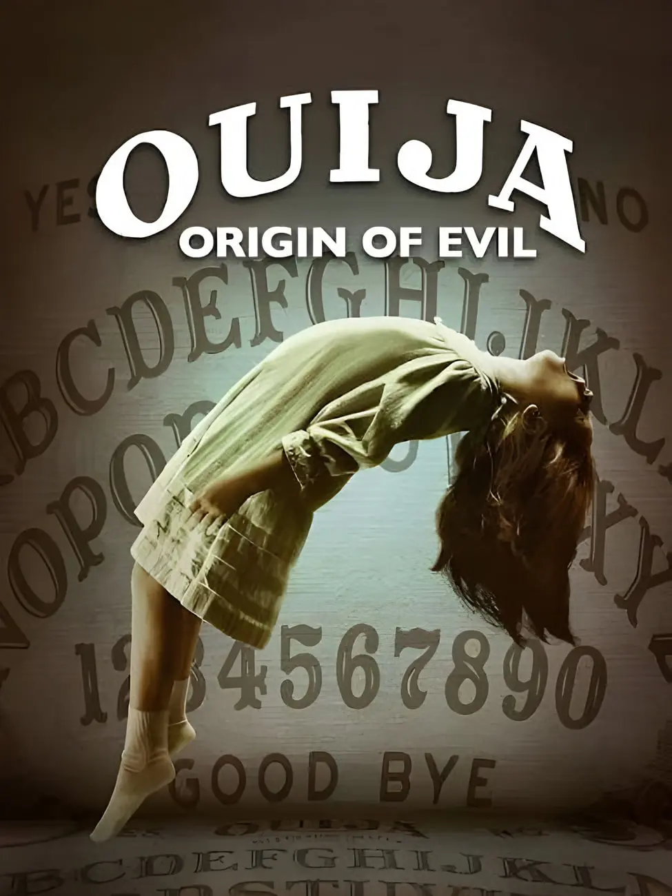 پوستر فیلم اوئیجا (Ouija Origin of Evil) با پس‌زمینه حروف الفبا و اعداد
