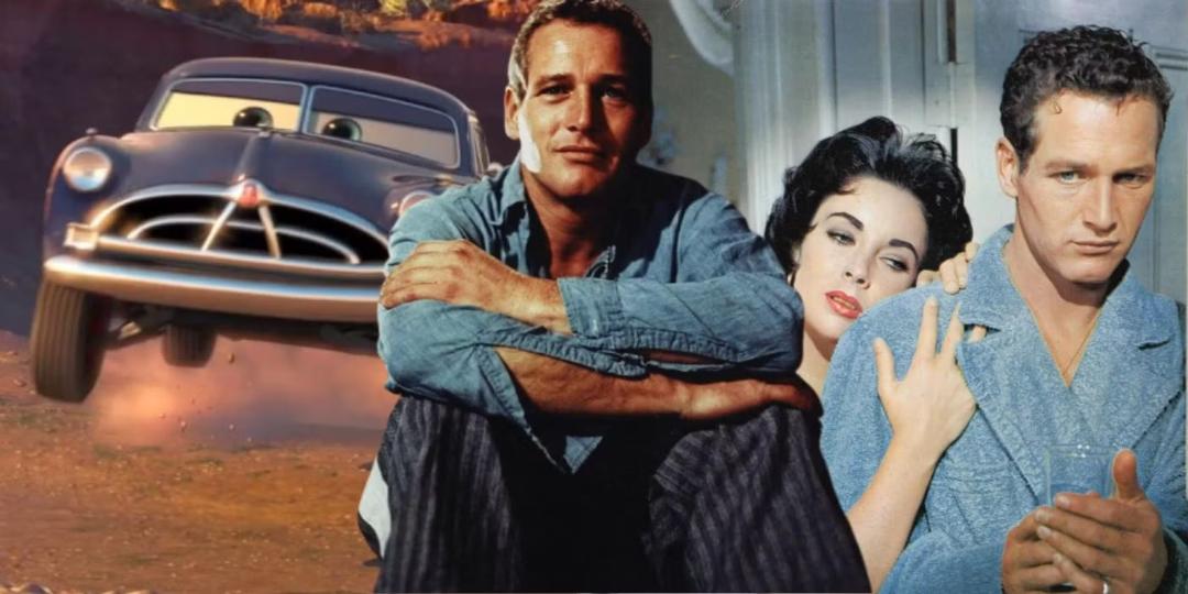 پل نیومن (Paul Newman) در کنار بازیگران دیگر و شخصیت انیمیشنی خودرو