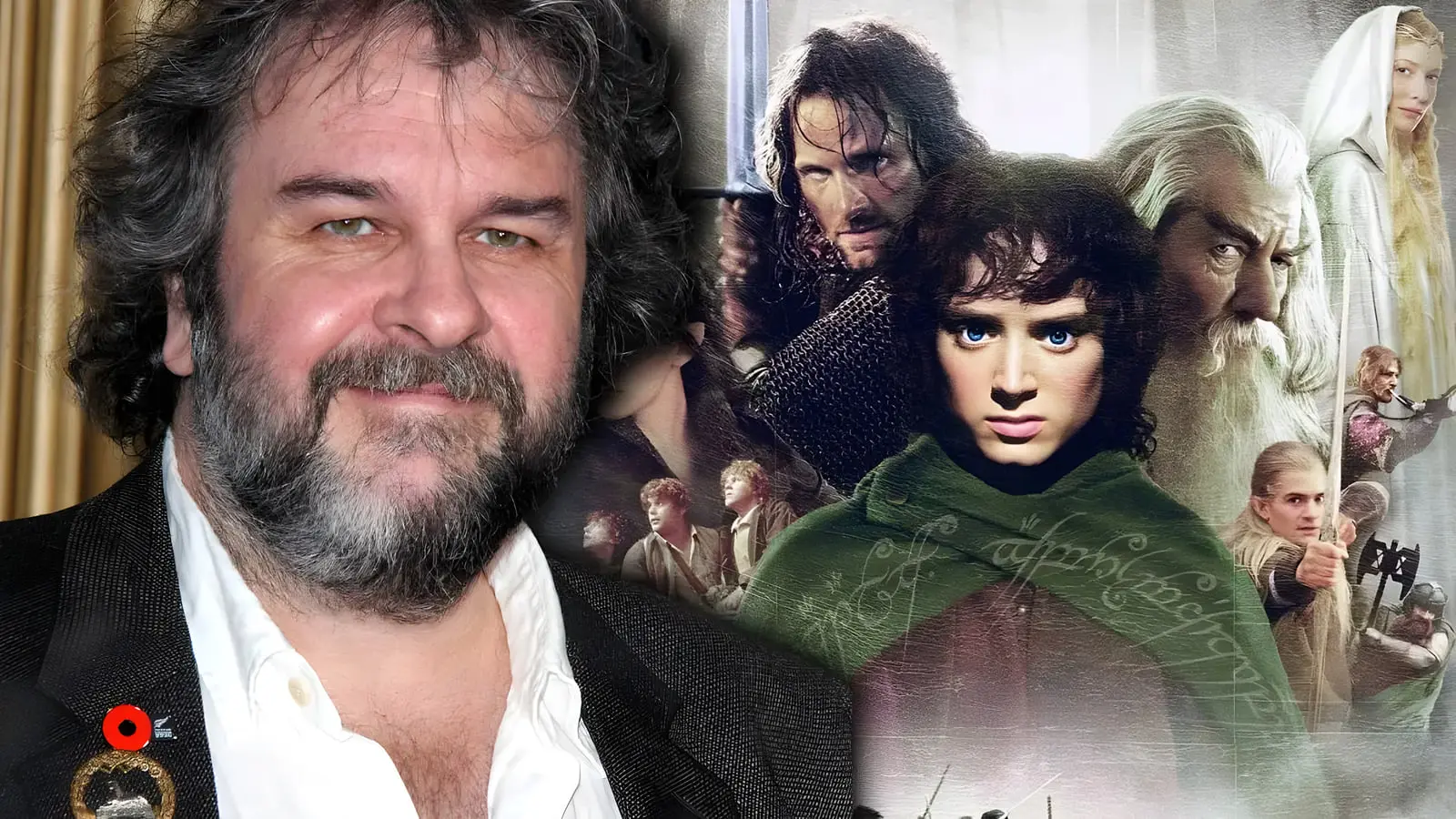 پیتر جکسون (Peter Jackson) در کنار پوسترهای شخصیت‌های فیلم ارباب حلقه‌ها