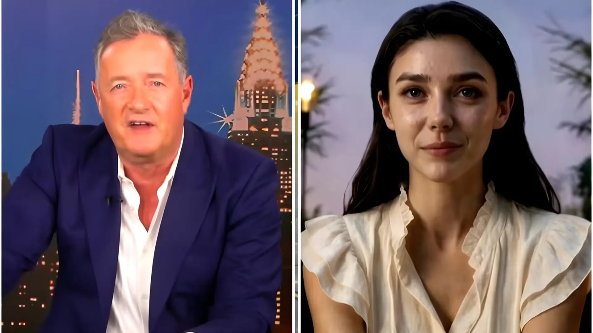 پیرز مورگان (Piers Morgan) در حال مصاحبه با بازیگر هوش مصنوعی تیلی نورود (Tilly Norwood)