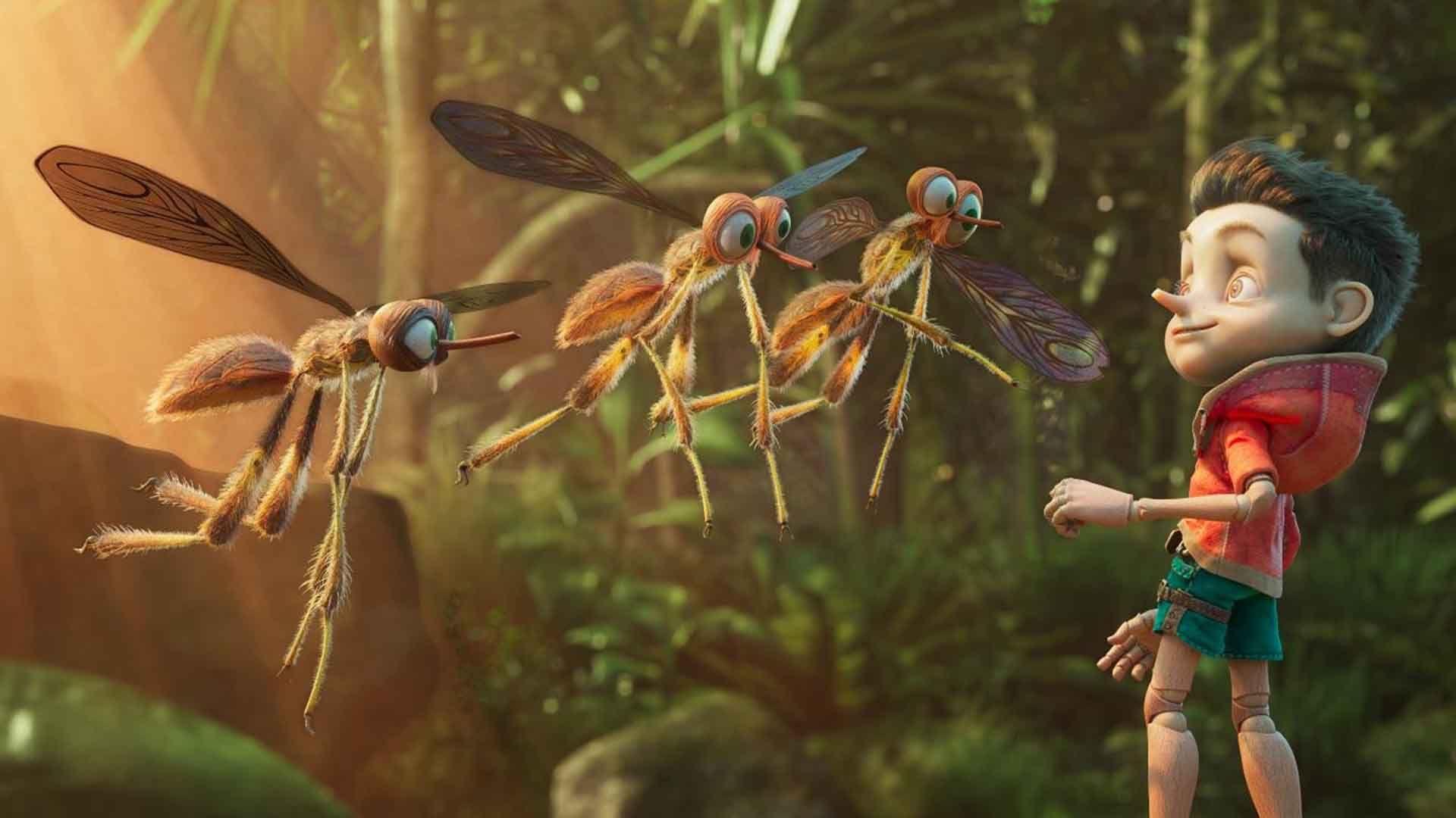 شخصیت پینوکیو در کنار چند سنجاقک بزرگ در انیمیشن Pinocchio and the Water of Life