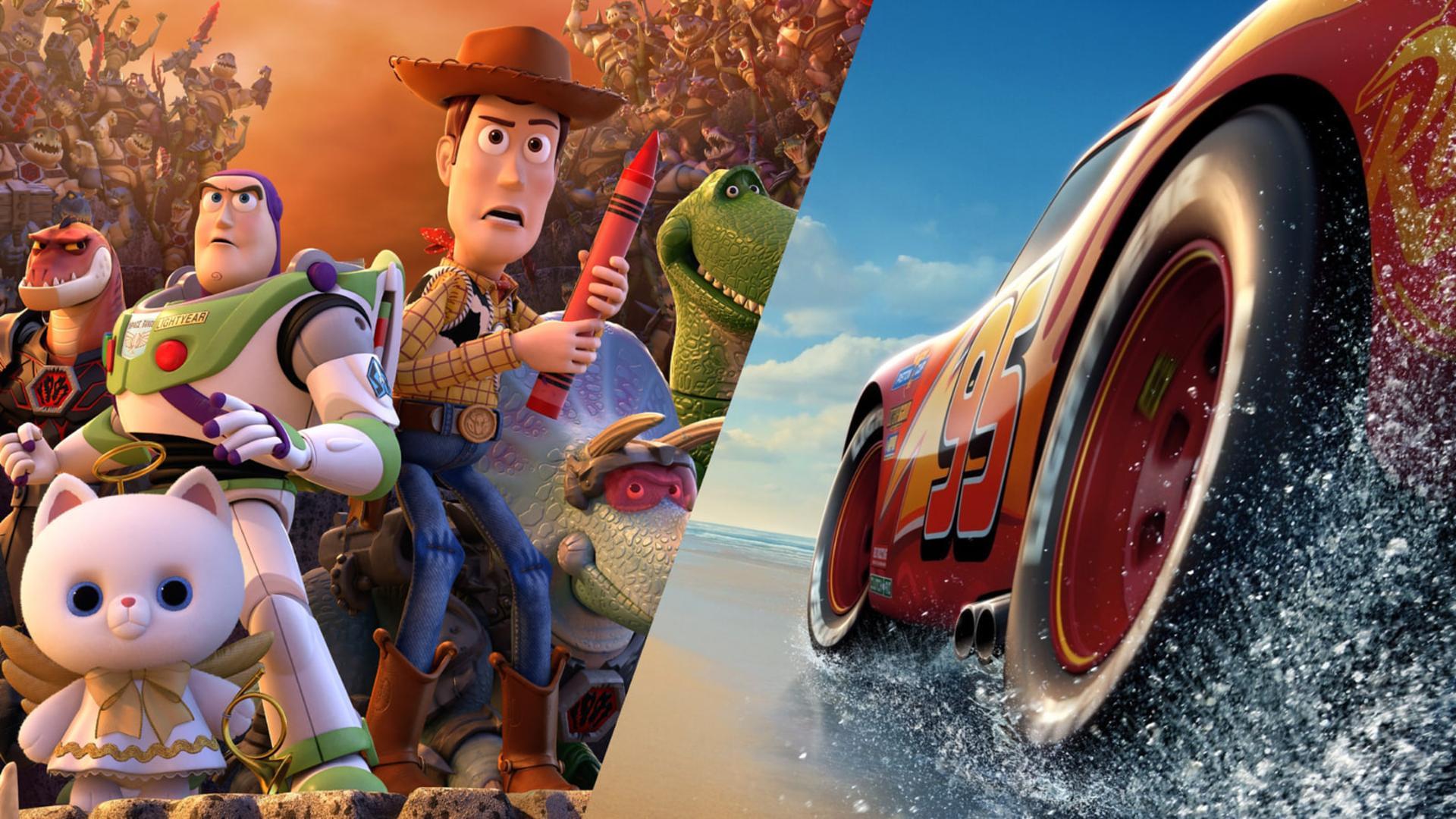 شخصیت‌های وودی (Woody) و باز (Buzz) از انیمیشن داستان اسباب‌بازی در کنار ماشین لایتنینگ مک‌کوئین (Lightning McQueen)