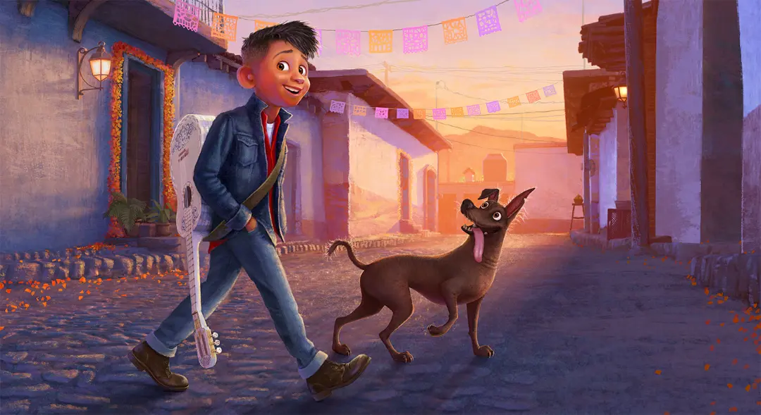 میگل شخصیت اصلی انیمیشن کوکو ۲ (Coco 2) همراه با سگ خود در خیابان