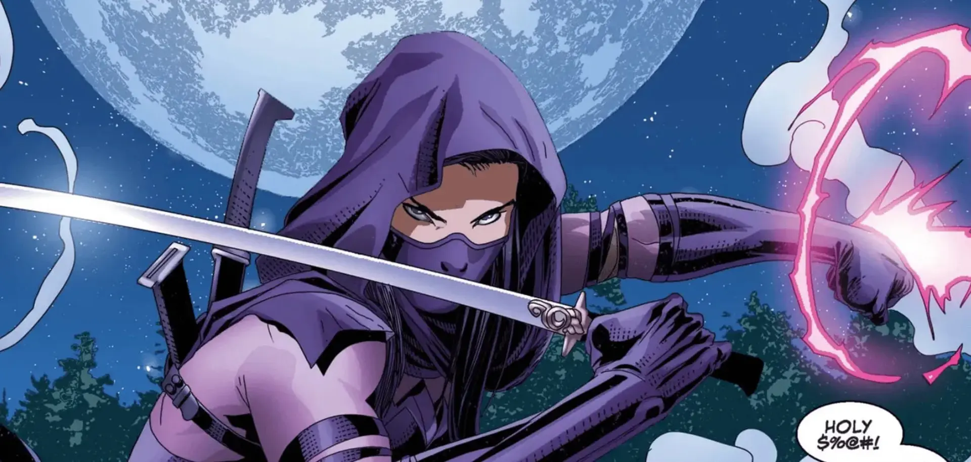 شخصیت سایلوک (Psylocke) با شمشیر و قدرت‌های روانی در فضای کمیک