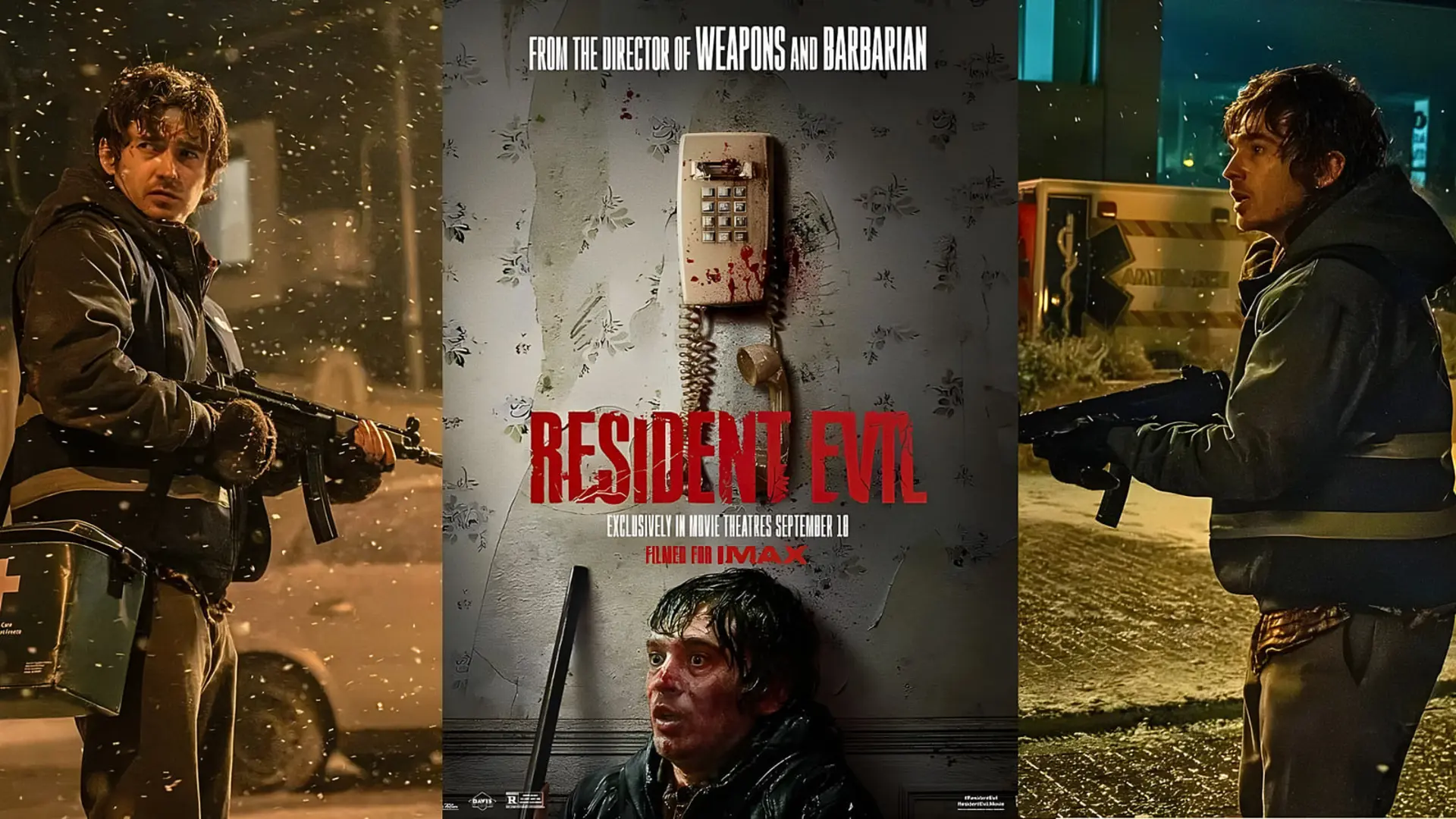 پوستر فیلم رزیدنت ایول (Resident Evil) با نمایش شخصیت اصلی و تلفن خون‌آلود