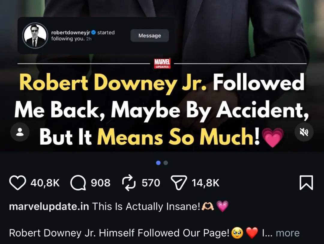اعلان فالو شدن صفحه توسط رابرت داونی جونیور (Robert Downey Jr) در اینستاگرام