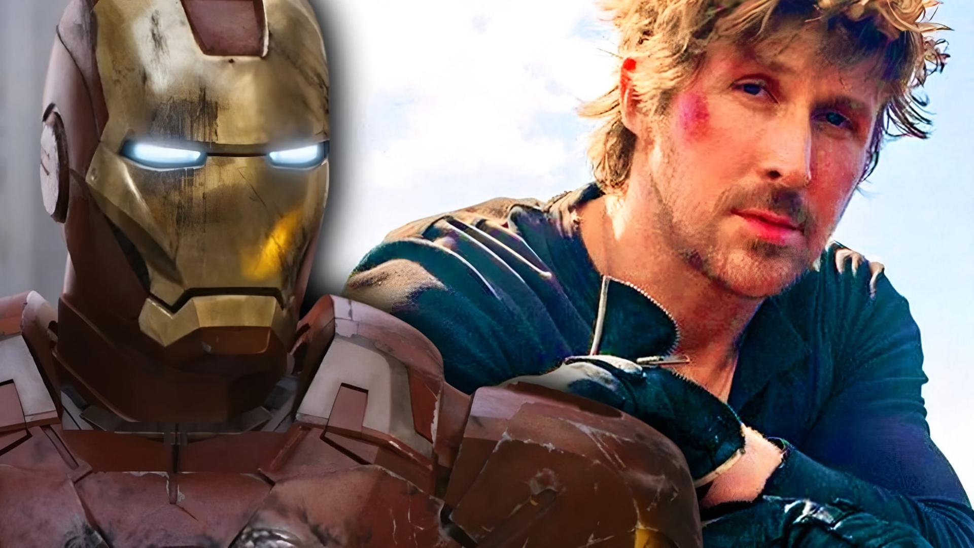 چهره رایان گاسلینگ (Ryan Gosling) در کنار ماسک زره مرد آهنی (Iron Man)