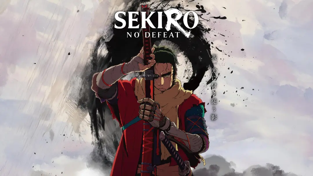 شخصیت اصلی انیمه سکیرو (Sekiro) با شمشیر در پس‌زمینه‌ای انتزاعی