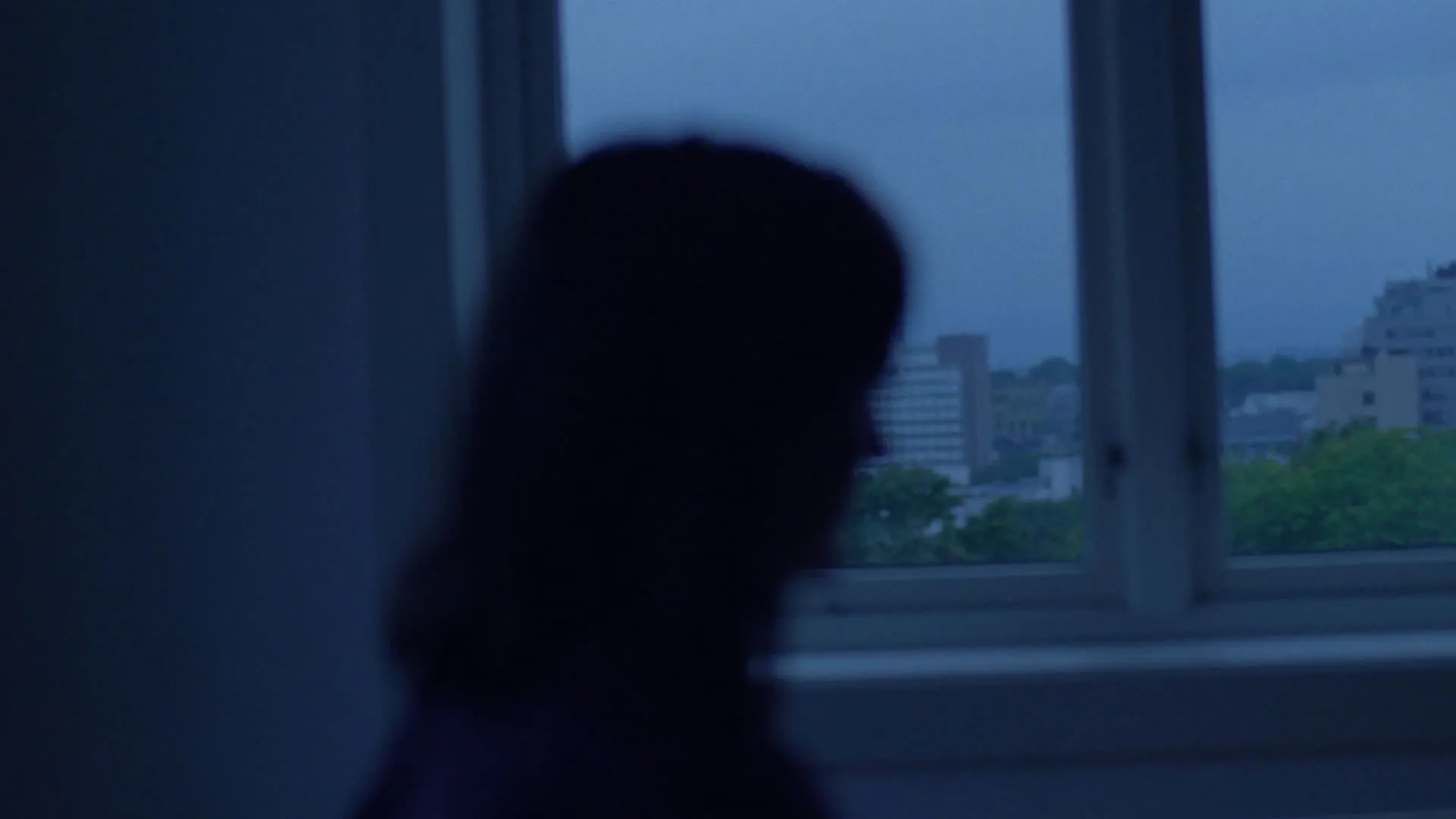 نمایی ضدنور و آبی از زنی که جلوی یک پنجره نشسته است و شهر پشت سرش پیدا است در فیلم ارزش عاطفی یواکیم تریه
