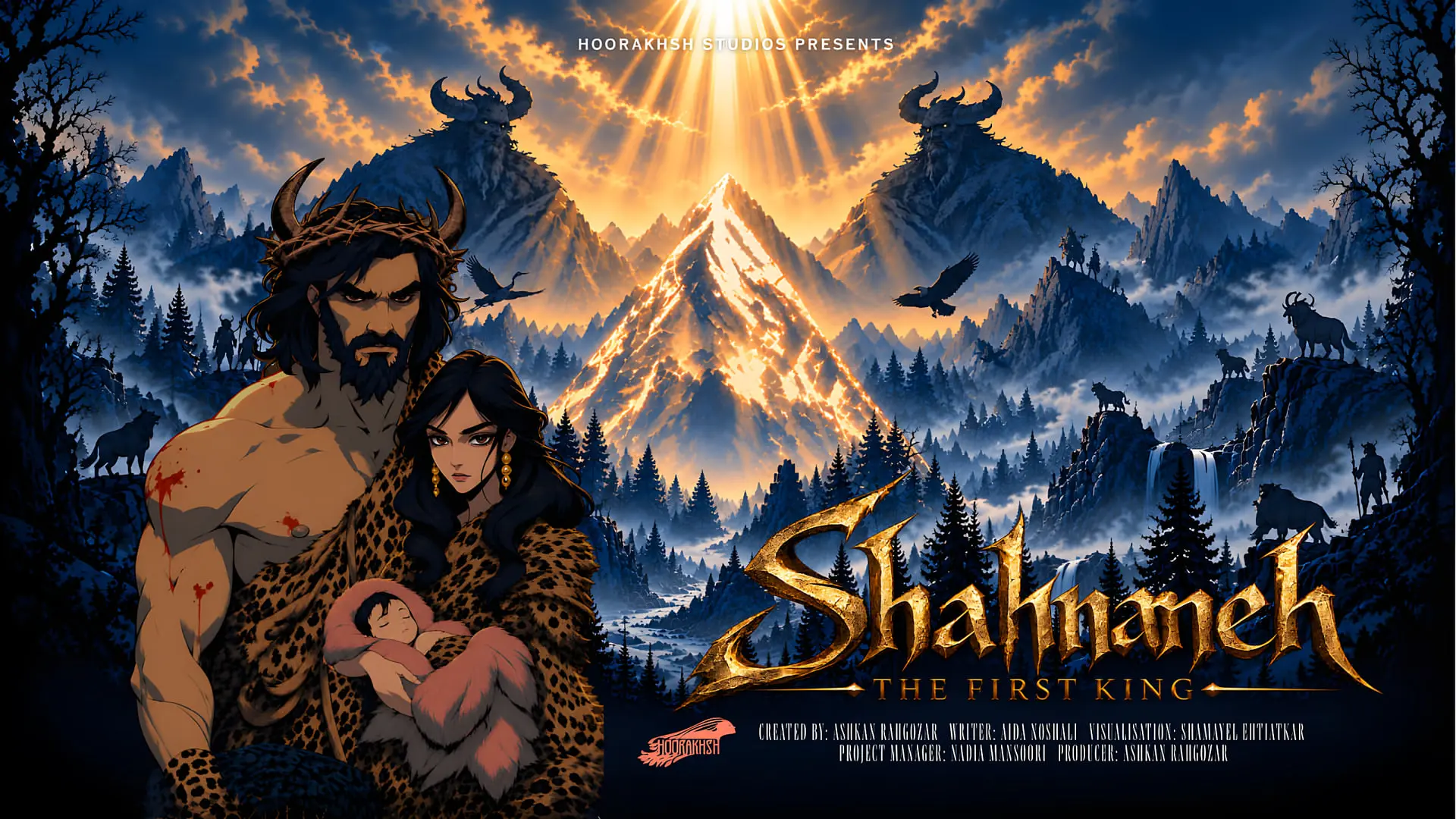 پوستر انیمیشن شاهنامه (Shahnameh) با نمایش شخصیت‌های اساطیری در کوهستان