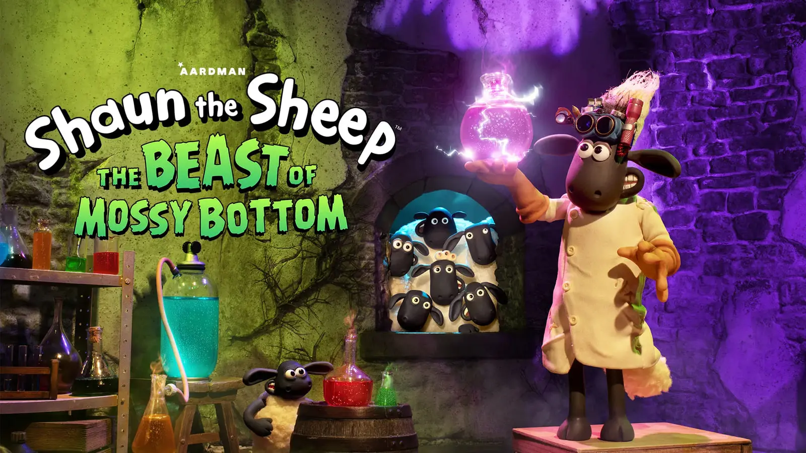 بره ناقلا (Shaun the Sheep) با روپوش آزمایشگاهی و ظرف حاوی ماده درخشان بنفش