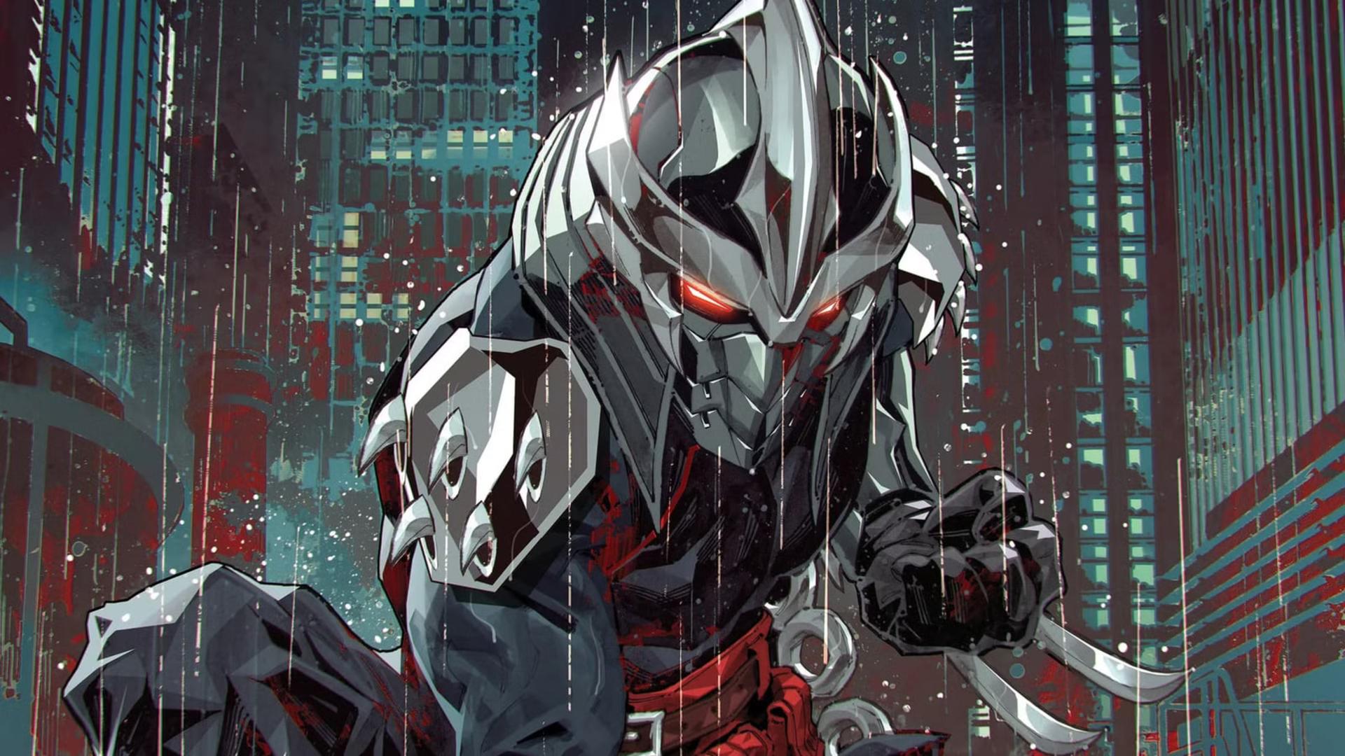 شردر (Shredder) با زره نقره‌ای در میان باران در محیط شهری