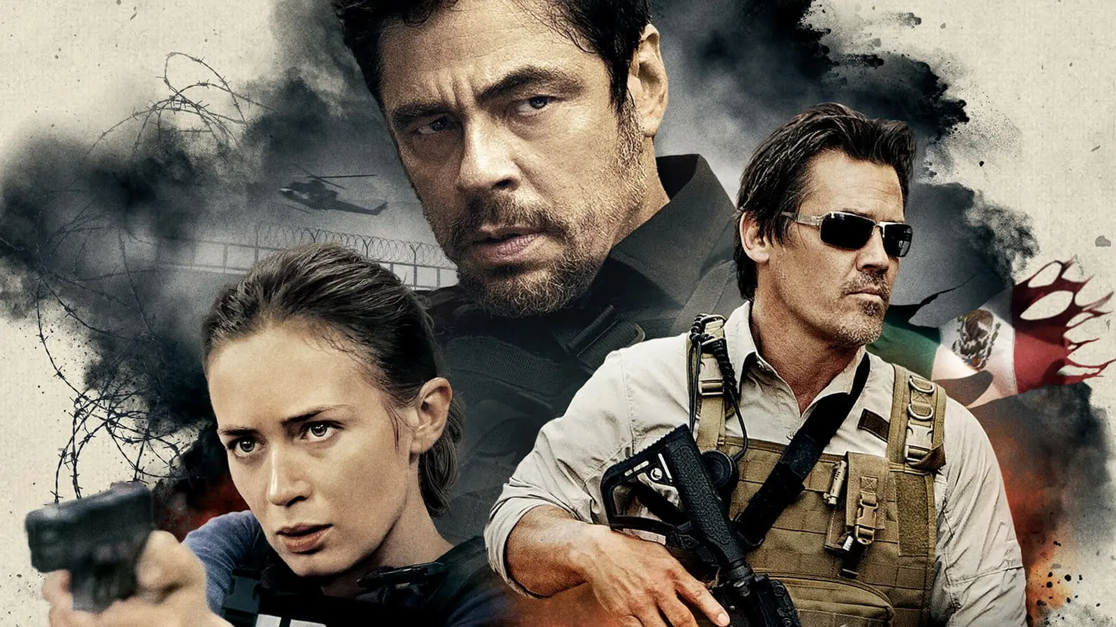 بازیگران اصلی فیلم سیکاریو (Sicario) در یک پوستر تبلیغاتی با تم دراماتیک