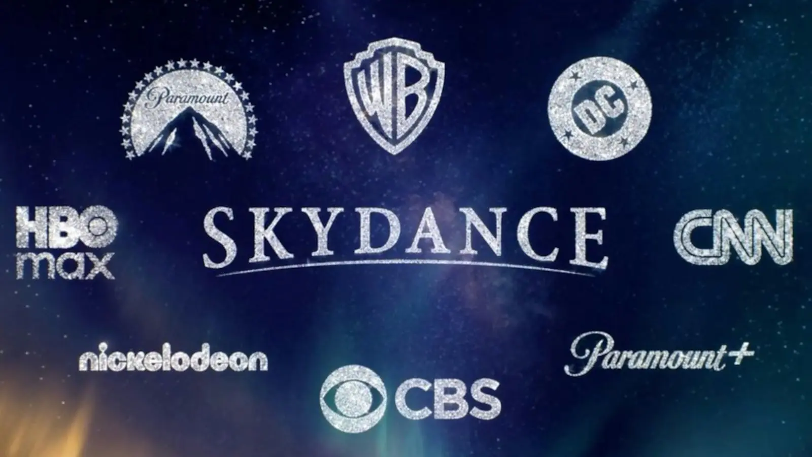 لوگوی شرکت‌های اسکایدنس (Skydance)، پارامونت (Paramount) و برادران وارنر (Warner Bros) در فضای ستاره‌ای