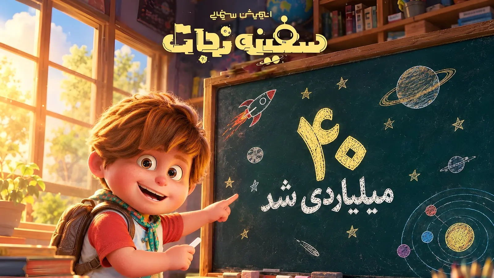 کودک انیمیشنی در کنار تخته سیاه با نوشته‌های مربوط به فروش فیلم سفینه نجات (Spaceship Rescue)