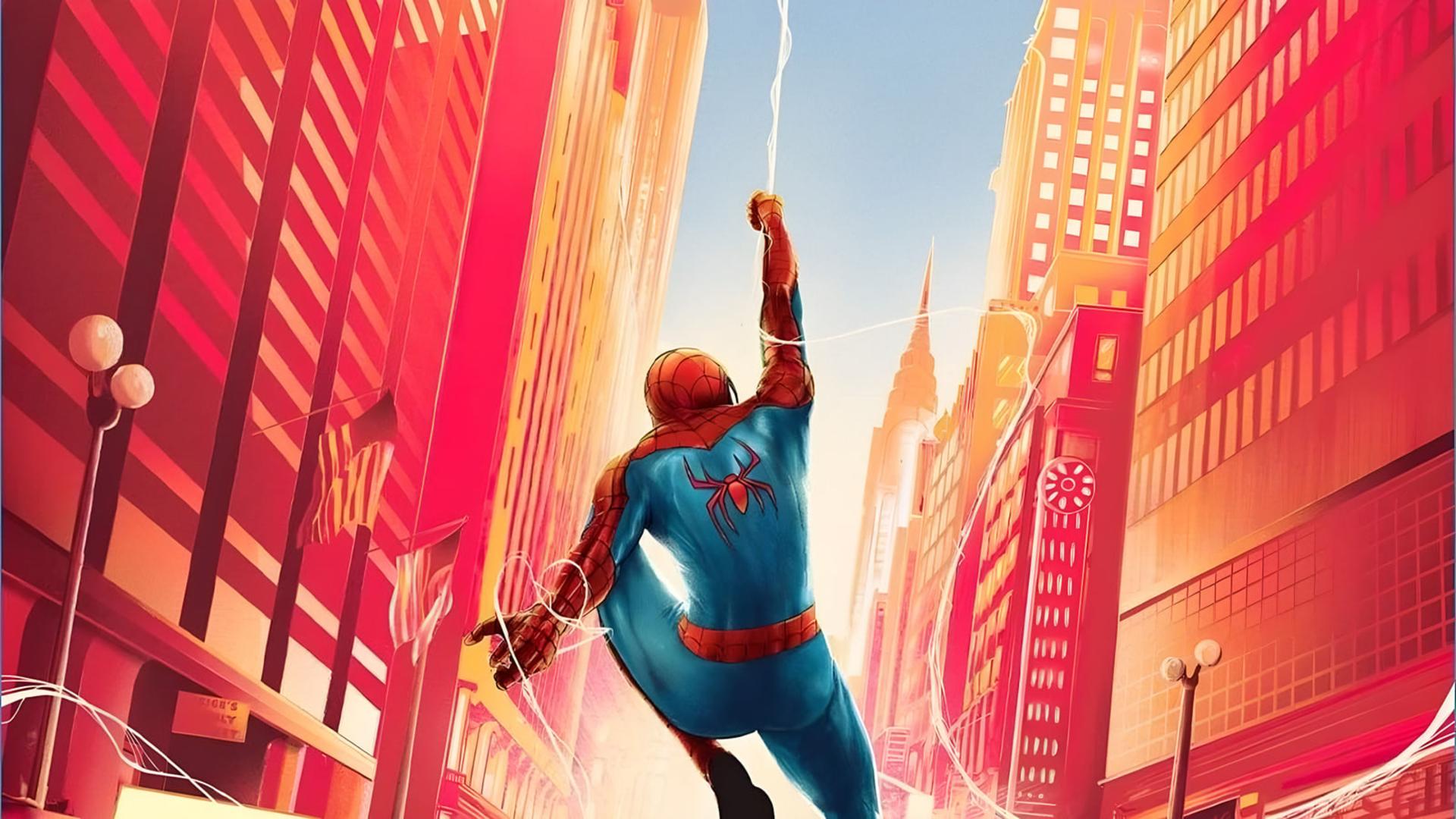 مرد عنکبوتی (Spider-Man) در حال تاب خوردن میان ساختمان‌های بلند شهر