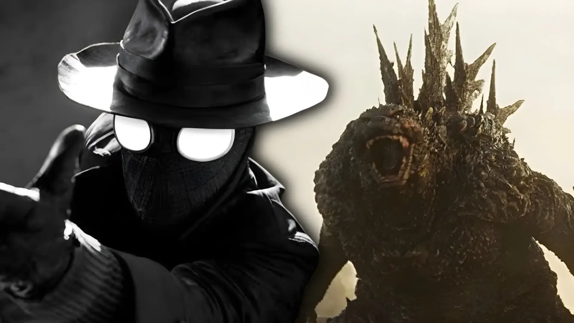 شخصیت مرد عنکبوتی (Spider-Noir) در کنار هیولای گودزیلا (Godzilla) در فضای سیاه و سفید