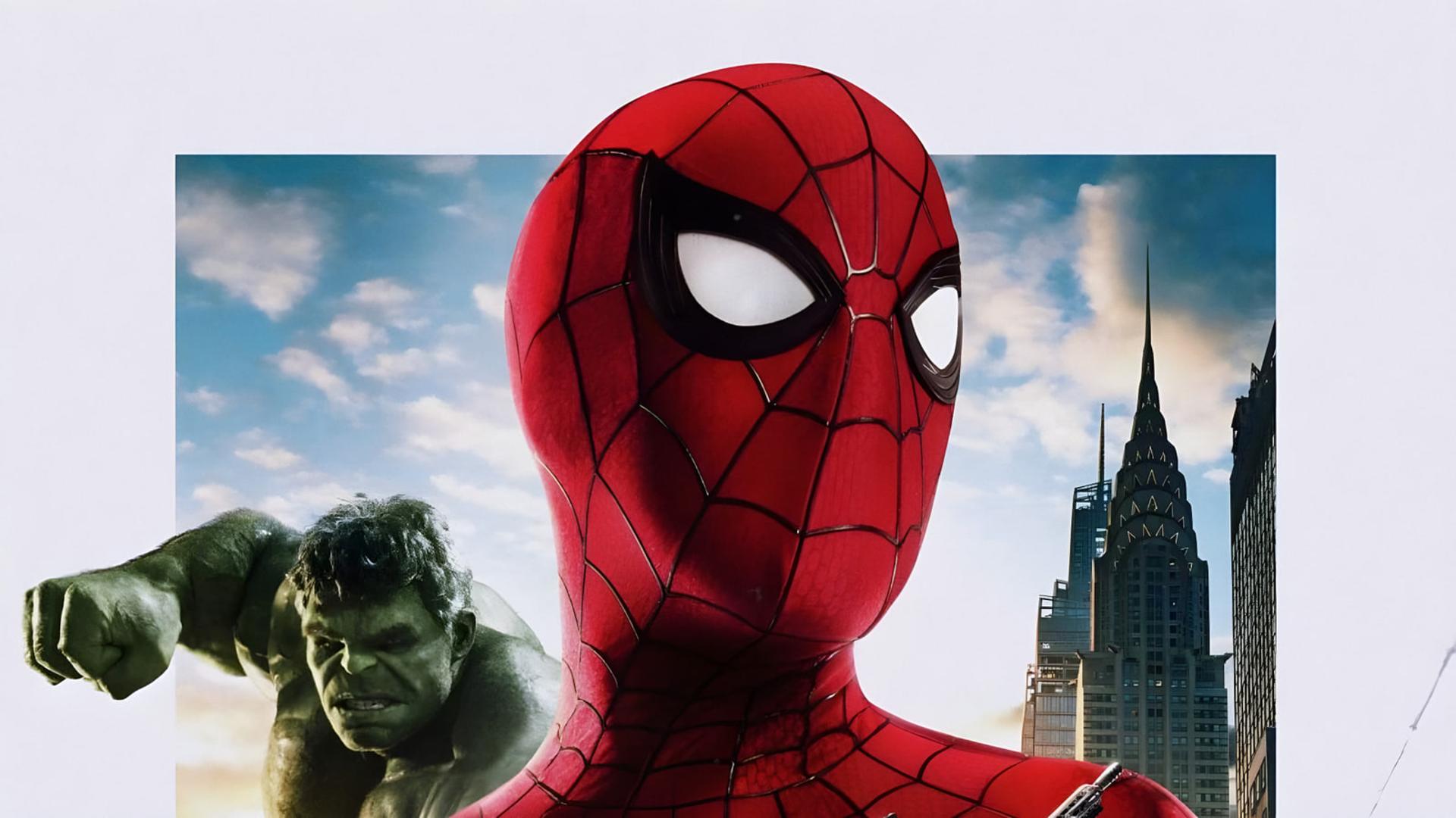 مرد عنکبوتی (Spider-Man) و هالک (Hulk) در مقابل آسمان و ساختمان‌های نیویورک