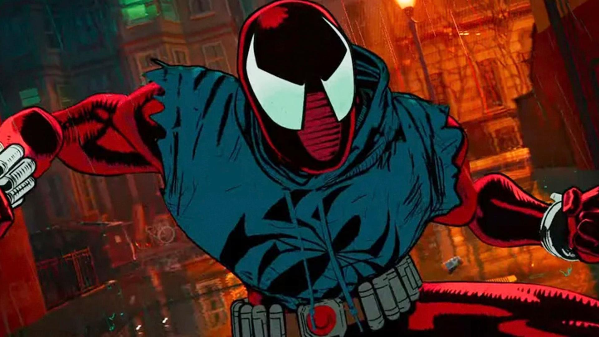 اسپایدرمن (Spider-Man) با لباس و هودی آبی در فضای شهری