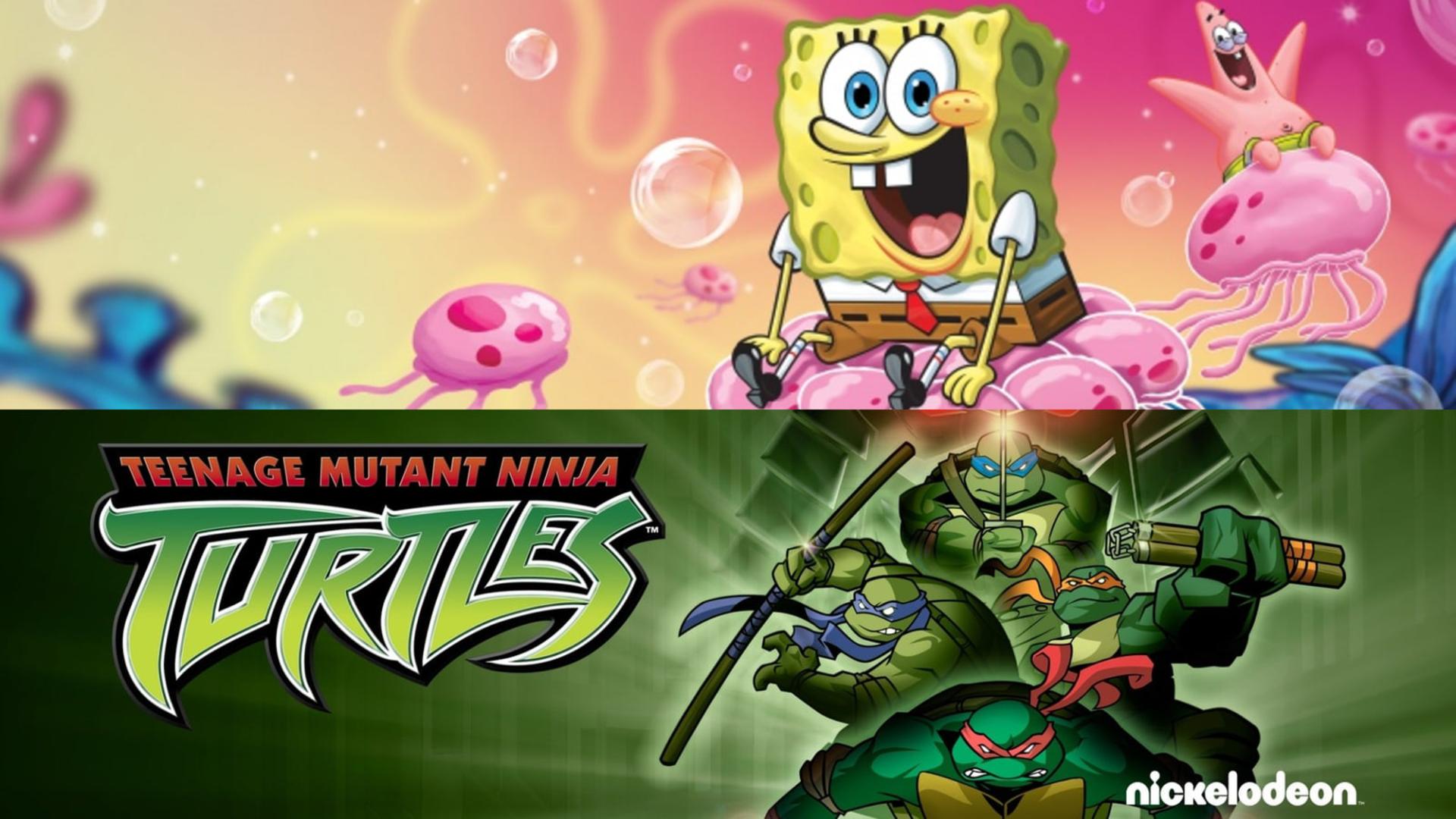 شخصیت‌های باب‌اسفنجی (SpongeBob) و لاک‌پشت‌های نینجا (Teenage Mutant Ninja Turtles) در یک قاب