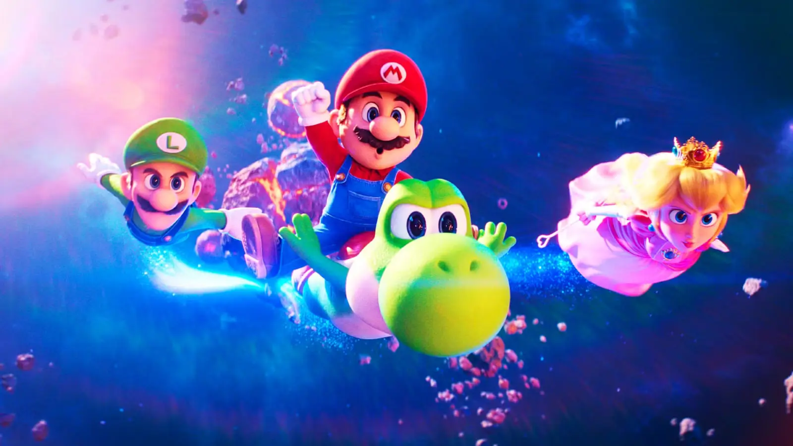 شخصیت‌های ماریو (Mario)، لوییجی (Luigi)، یوشی (Yoshi) و پرنسس پیچ (Princess Peach) در فضای بیکران