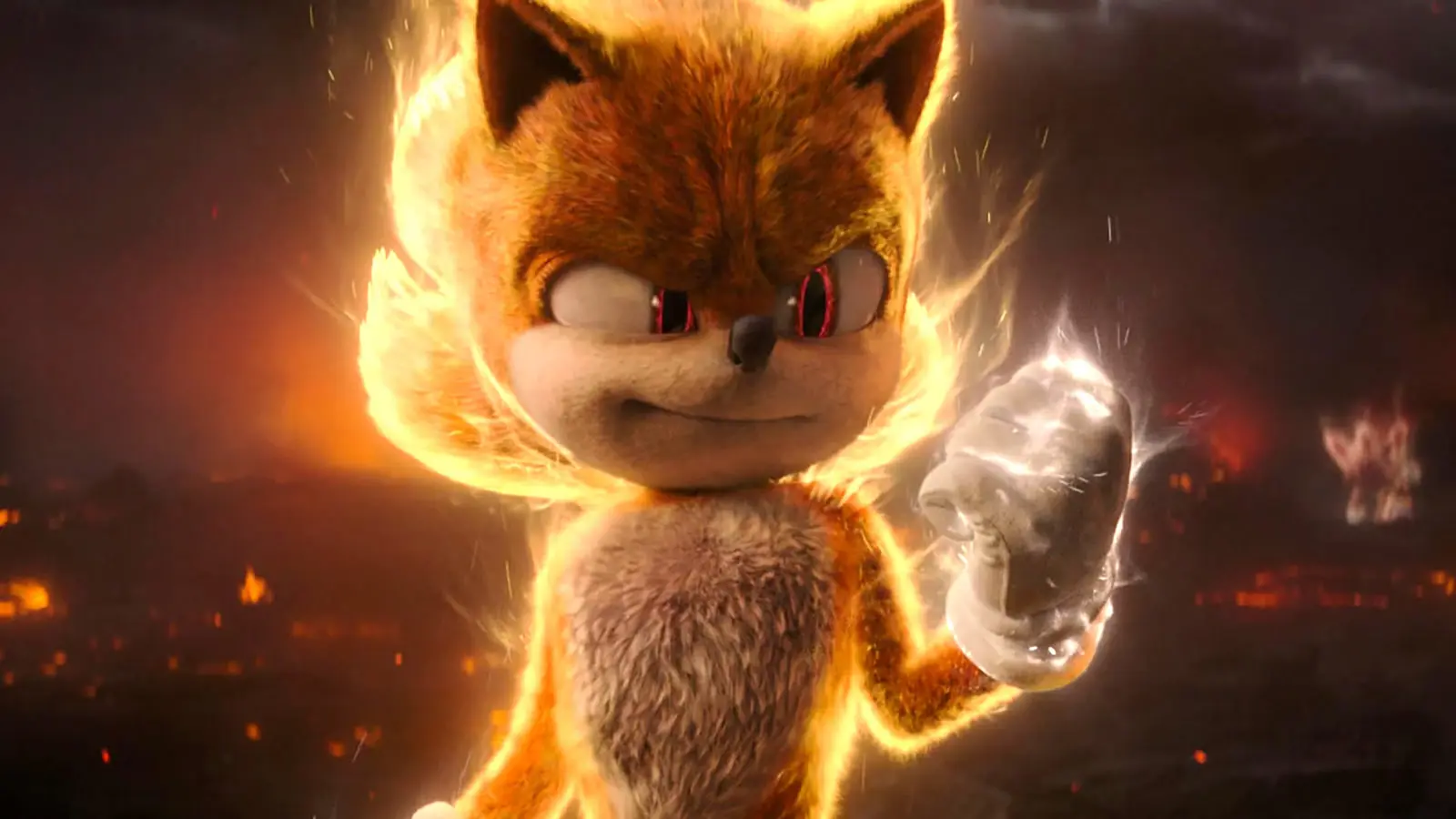 سونیک (Sonic) با چشم‌های قرمز در حالت سوپر سونیک در میان آتش