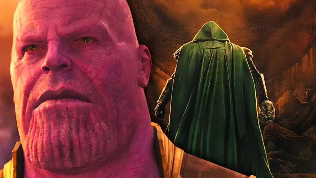 چهره تانوس (Thanos) در کنار شخصیت دکتر دووم (Doctor Doom) با شنل سبز