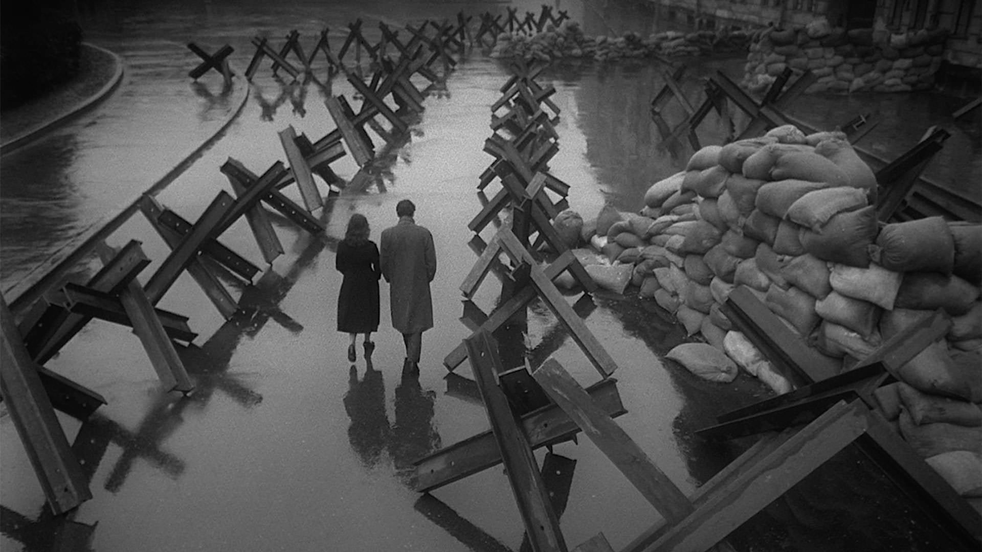 نمایی باز و سیاه و سفید از زن و مردی که در شهری جنگ زده قدم می‌زنند در فیلم درناها پرواز می‌کنند 