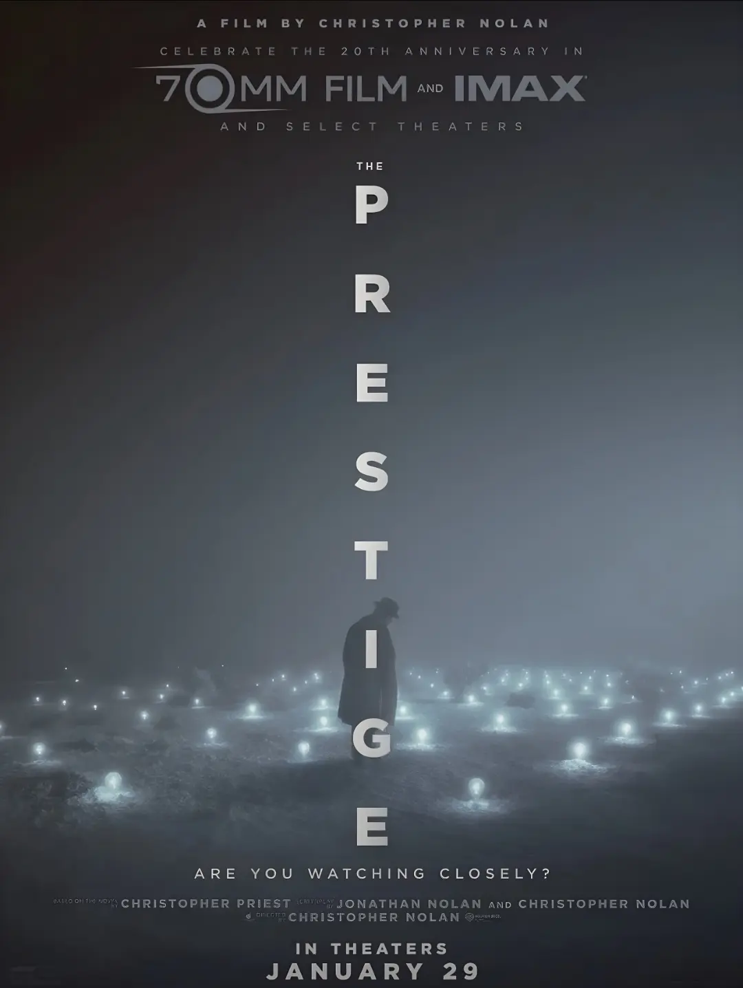 پوستر فیلم پرستیژ (The Prestige) با نمای مردی در میان نورهای پراکنده